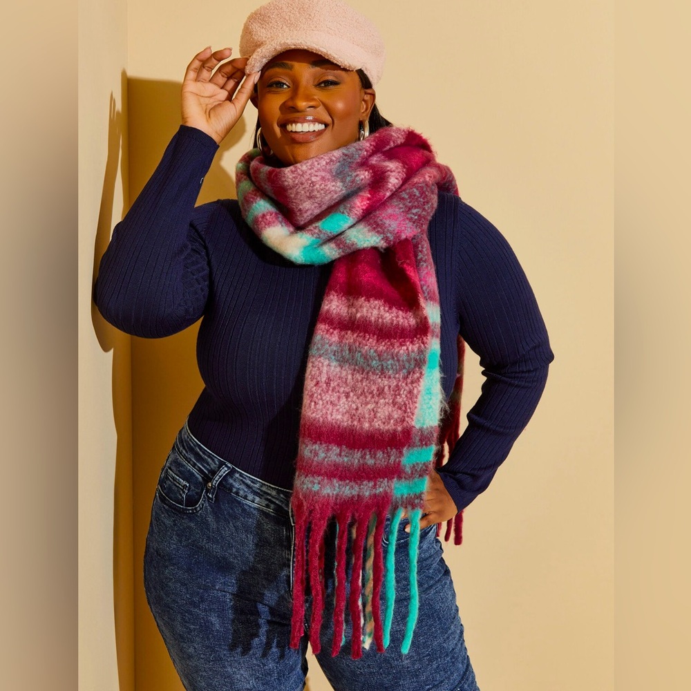Ashley Stewart Fringed Plaid Scarf
